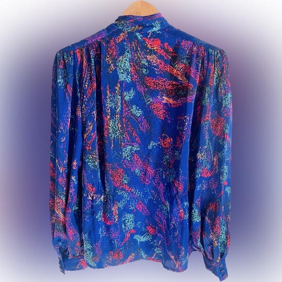 Brocade Plunging V Neck Vintage 80s Silky Long Slv Blue Top Party Satin Blouse - Picture 11 of 11